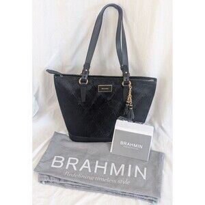 BRAHMIN Medium Asher Black Greenwich Calfhide + Crocodile Leather Tote Bag Purse
